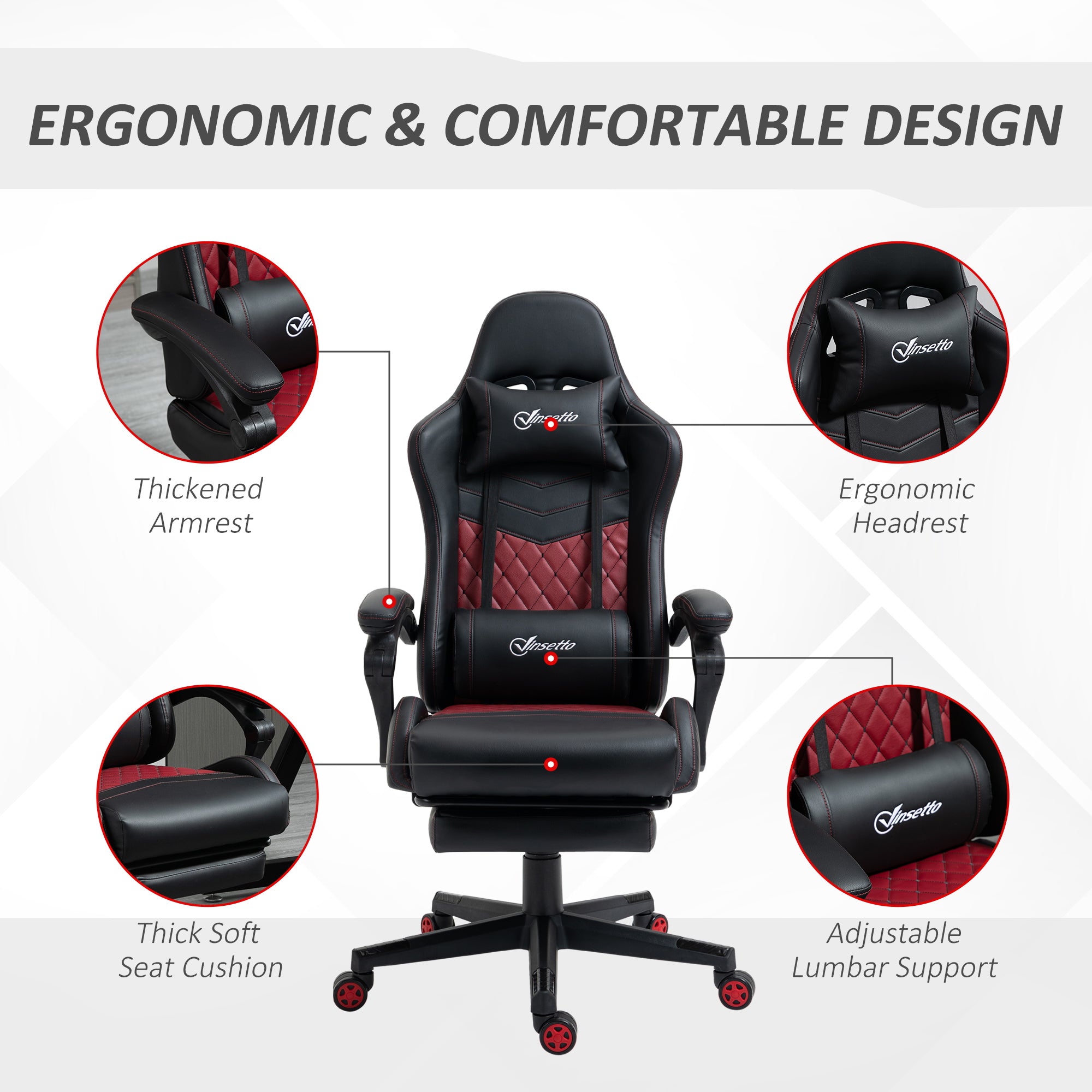 Racing Gaming Chair Diamond PU Leather Office Gamer Chair High Back Swivel Recliner with Footrest, Lumbar Support, Adjustable Height, Black