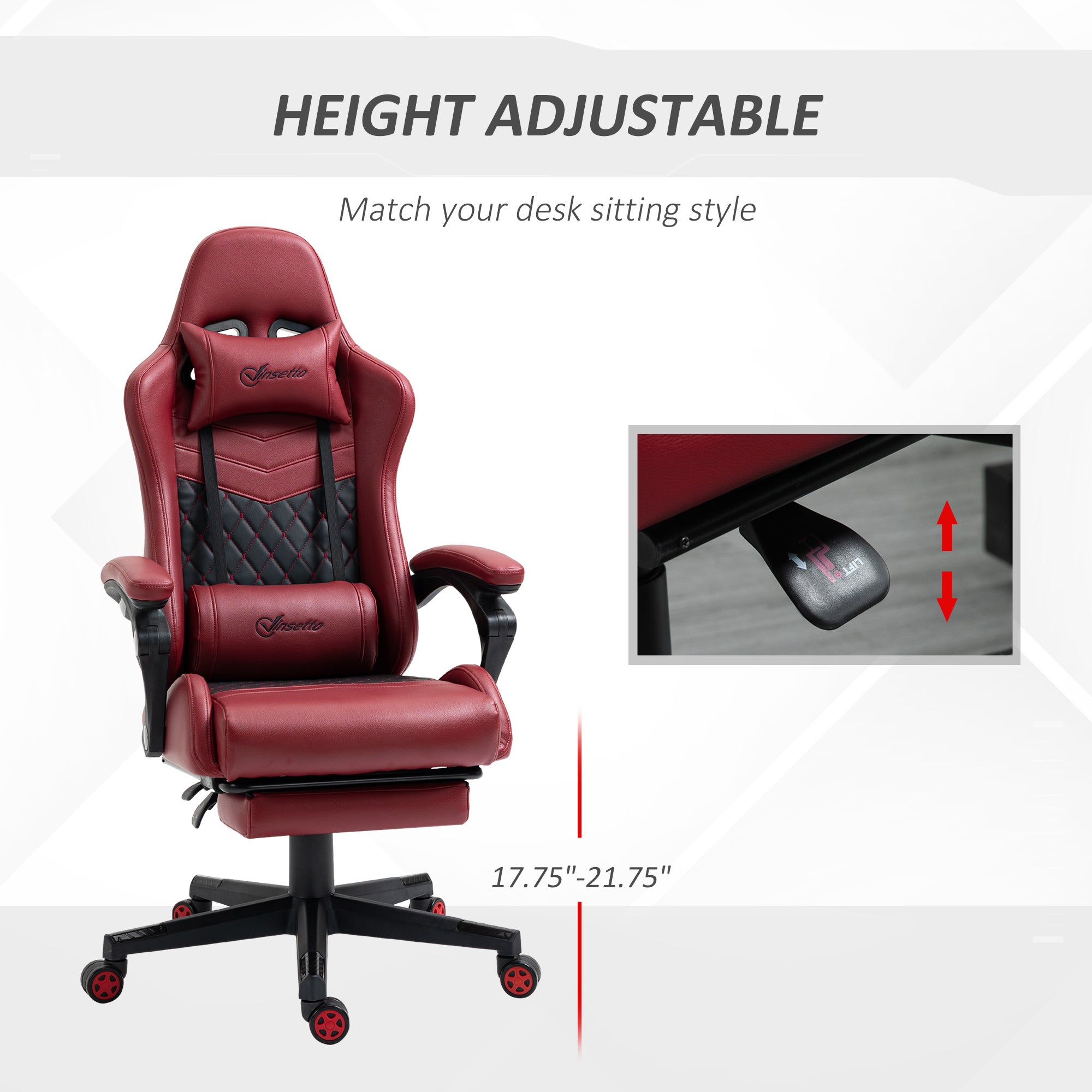 Racing Gaming Chair Diamond PU Leather Office Gamer Chair High Back Swivel Recliner with Footrest, Lumbar Support, Adjustable Height, Red